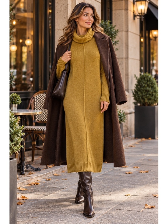 Elsamanda Dresses & Skirts - Elsamanda Italian Wool Cashmere Blend Mustard Cowl Neck Midi Dress M